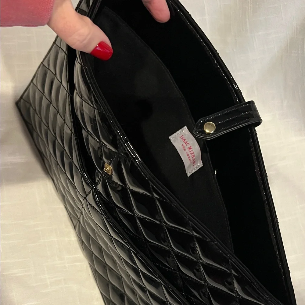 Isaac Mizrahi Black Quilted Patent Leather Clutch iPad Tablet Laptop Case Bag